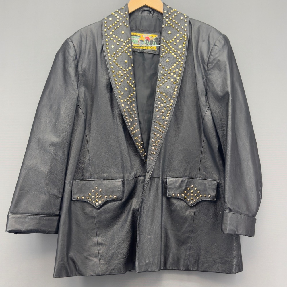 Vintage‎ Atlantic Beach Black Leather Blazer Jacket Studded Western XL - READ